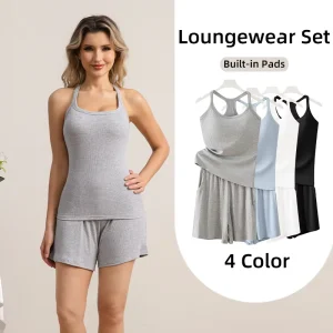 Ladies Plus Size Homewear Lounge Sets Breathable Quick Dry Knitted Built in Bra Racerback Women’s Sexy Intimates Loungewear Sets