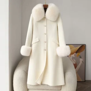 Ladies Plus Size Vintage Trench Coat Fox Fur Collar Lace Decoration Long Cashmere Woolen Coat Winter