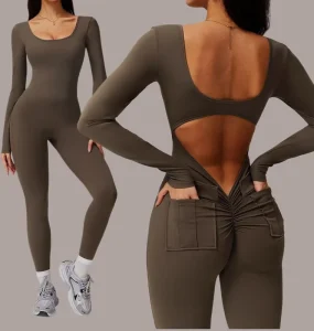 Ladies Scrunch Butt Leggings One Piece Gym Romper Breathable Yoga Set Women’s Long Sleeve Yoga Jumpsuit With Pockets