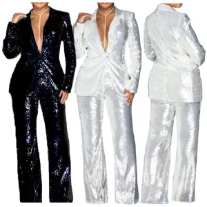 Ladies Sequins Suits Set for Women Pants and Long Blazer Set Office Formal Suit