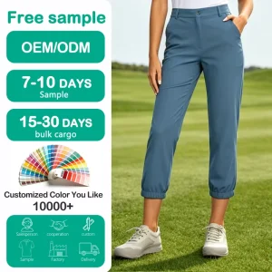 Ladies Stretch Woven Fabric Golf Jogger Pants Solid Blue Slim Fit Cuffed Ankle Casual Golf Cropped Trousers