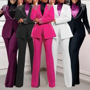 Ladies Suits Office Wear Beaded Long Sleeve Slim Elastic Suit and Pants Two Piece Blazer Set Business Suits