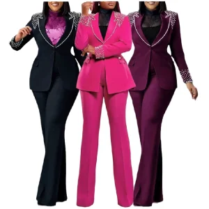 Ladies Suits Office Wear Beaded Long Sleeve Slim Elastic Suit and Pants Two Piece Set Business Suits