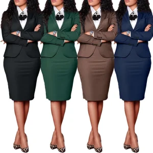 Ladies Suits Office Wear Long Sleeve Suit and Slit Slim Skirt Set Two Piece Business Suits for Women