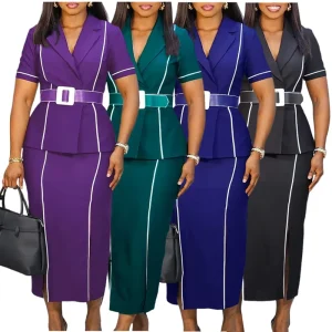 Ladies Suits Office Wear Short Sleeve Suit Collar Top and Slim Maxi Skirt Set Two Piece Outfits for Women