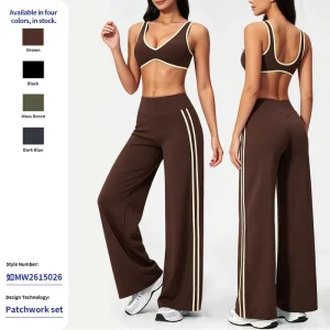 Ladies Two Piece Workout Set Solid Wide Leg Pants V Neck Sports Bra Breathable Lightweight Spandex Nylon High Recovery Fabric
