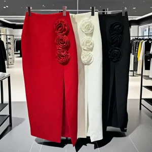 Ladies Winter Clothes 3D Flower Red Maxi Long Slit Casual Skirt Pencil Bodycon Bandage Skirts for Women