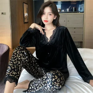 Ladies Winter Velvet Lace Sleepwear Casual Leopard Homewear V-neck Nightwear Long Sleeve Luxury Pyjamas Femme