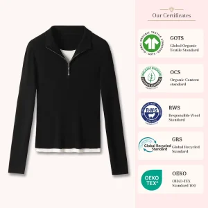 Ladies Wool Blend Fine Rib Knit Blouse Half Zip Stand Collar Fake Two Tone Hem Long Sleeve Slim Fit Casual Knit Top Low MOQ