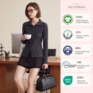 Ladies Wool Rib Knit Top Elegant Polo Lapel Slim Fit Full Button Knitted Blouse Custom Low MOQ