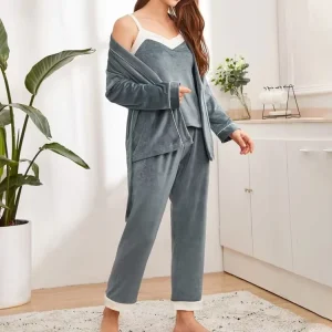 Lady 3pcs Sleepwear Loungewear Set Velvet Pajamas Women’s Casual Winter Lounge Wear Sets
