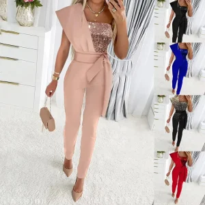 Lady Elegant Casual Short Sleeve One Piece Sequin Romper Jumpsuit Women New Arrivals Clothing