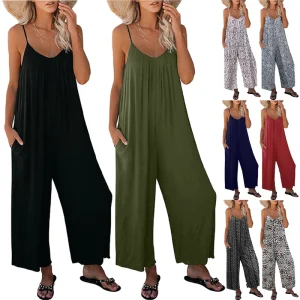 Lady Jumpsuit Summer Solid Color Pocket Casual Loose Wide leg Sling v Neck Jumpsuit