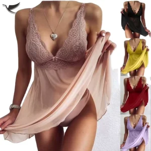 Lady Sexy Chiffon Lingerie V Neck Slip Dress Hollow Lace Nightdress V Neck Slip Dress Women’s Pajama Sleepwear