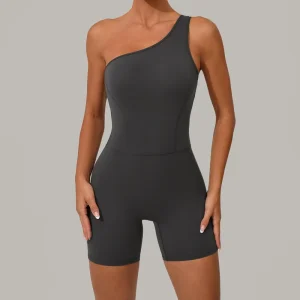 Lady’s One Shoulder Backless Spandex Nylon Sports Bodysuit Active Outfit Tennis Golf Fitness Yoga Shorts Sleeveless Breathable