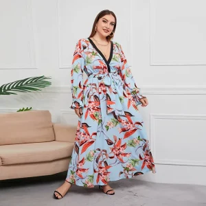 Lady’s V Neck Print Spring Casual Dress Plus Size Women Elegant Summer Floral Casual Dress Plus Size Women’s Clothing