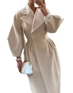 Lantern Sleeve Large Lapel Wool Long Double Breasted Women Long Coat Wool Coats Women Trench Coat for Women