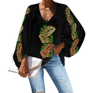 Lantern Sleeves Hawaii Blouse Polynesian Tribal Purple Monster Palm Leaves Print Custom Plus Size Women’s Blouses & Shirts