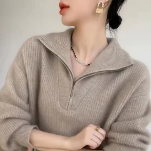 Lapel Thickened Cashmere Sweater Women’s 100 Pure Cashmere Zipper Sweater Loose Top Customization