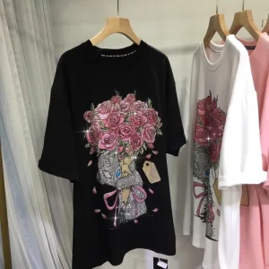 Large Size European Heavy duty Hot Drill T shirt Women’s Spring Casual Plus Size Slim Neck Knitted Quick Dry