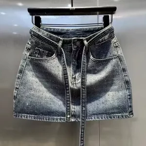 Large Size Vintage Hot Drilling Denim Skirt Women’s Summer High Waist Slimming Hip A-Line Short Skirt