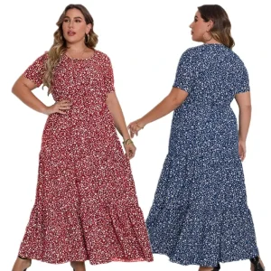 Large Women’s Summer Floral Casual Dress Short Sleeve Round Neck Dress Plus Size Long Dress Women