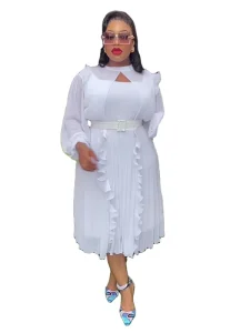 Large-size Casual Women’s Pure-color Summer High-waisted Slimming Frilled Earpiece Chiffon Waterproof Plain Dyed Dress