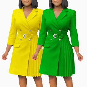 Large size Lady’s Bright colored Elegant Suit Dress with Button Design Business Formal Women’s Wear