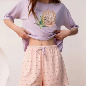 Latest Casual Women’s Loungewear Two Piece Set Spring Summer Crew Neck Short Sleeve Top Cute Animal Pattern Breathable