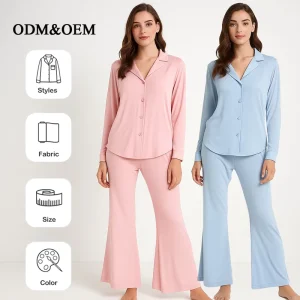 Latest Custom Loungewear Long Sleeve Flare Pants Pajama Set Classic Soft Winter Women’s Sleepwear