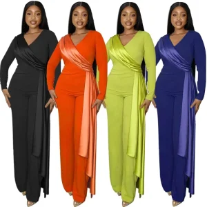 Latest Design Jumpsuit Women Long Sleeve V Neck Waist Slim Straight Tube One Piece Jumpsuit Rompers Women Jumpsuit