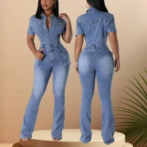 Latest Design Women’s Denim Romper Tight Waist Slim Stretch Denim Romper Short Sleeve Top Flare Pants Jumpsuit