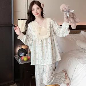 Latest Pajamas Suit Flower Print Nightgown Nighty Ladies Women Knitted Long Set Plus Size Women’s Sleepwear