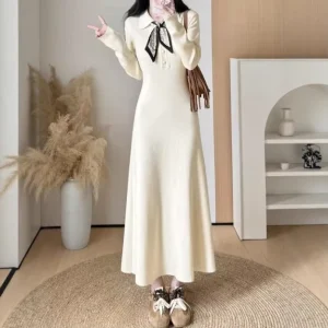 Lazy Style High-end Elegant Tight Waist Inner Knitted Sweater Dress Women’s Autumn Winter All-match Base Slim-fit A-Line Solid