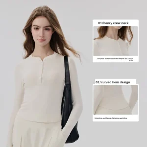 Lenzing Long sleeved Yoga Women’s Henry Collar Comfortable Breathable Tight fitting Sports T shirt Pilates Fitness Top