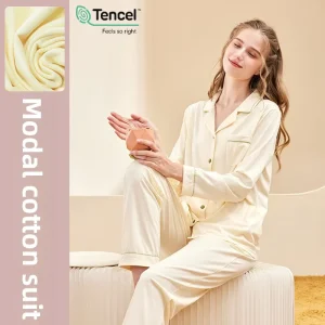 Lenzing Modal Cotton Cardigan Pajama Set Women Long Sleeve Solid Color Spring Loungewear Built In Chest Pads Breathable