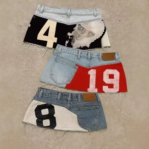 Letter Patchwork Women’s Denim Short Skirts Trendy Zipper Pocket y2k Mini Skirts Ladies