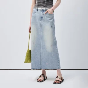 Light Blue Denim Maxi Skirt For Women High Waist Embroidered Straight Cut Jean Skirt