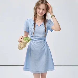 Light Blue Embossed Floral Mini Dress For Women Notch V Neck Drawstring Side Ruched Waist Short Sleeve A Line