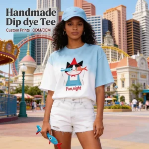 Light Blue Gradient Knitted Breathable 100% Cotton Crew Neck Cartoon Cat Fish Print Casual T-Shirt