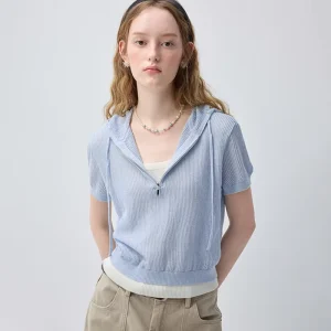 Light Blue Hooded Knit Top For Women With Half Zip Closure And Short Sleeve Ribbed Fabric Casual Summer Knitwear