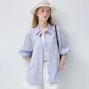 Light Blue Sheer Crinkle Texture Shirt For Women Lapel Collar Full Button Down White Floral Embroidery Front Pocket