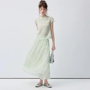 Light Green Embossed Floral Jacquard For Women High Waist Full Elastic Gathered Layer Sheer A-line Mid Calf Skirt