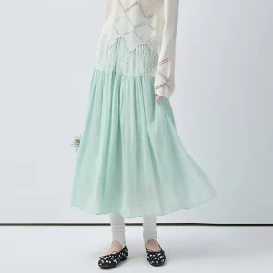 Light Mint Green Hollow Tiered Midi Skirt For Women High Waist Elastic Gathered Waist Two Layer Ruffle Swing Hem