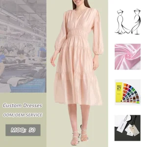 Light Pink Shimmer Tiered Midi Dress Women’s V Neck Balloon Sleeve Elastic Waist Casual Party Dress