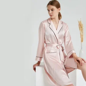 Light Pink Silk Pocket Robe Real Silk Robe Short Silk Kimono Robe