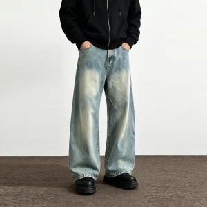 Light Wash Denim Jeans Baggy Wide Leg Pants Faded Finish Contrast Stitching Custom Jeans Manufacturer
