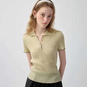Light Yellow Ribbed Knit Polo Shirt For Women With Contrast Trim And Pink Buttons Short Sleeve Slim Fit Casual Top
