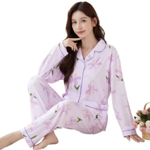 Lightweight Cardigan style Women’s Pajamas Soft Long sleeve Spring fall Loungewear Fashion Two piece Set