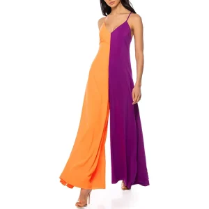 Lightweight Chiffon Color Blocked Sleeveless Jumpsuit Sexy V Neck Open Back Crossback Wide Leg Romper